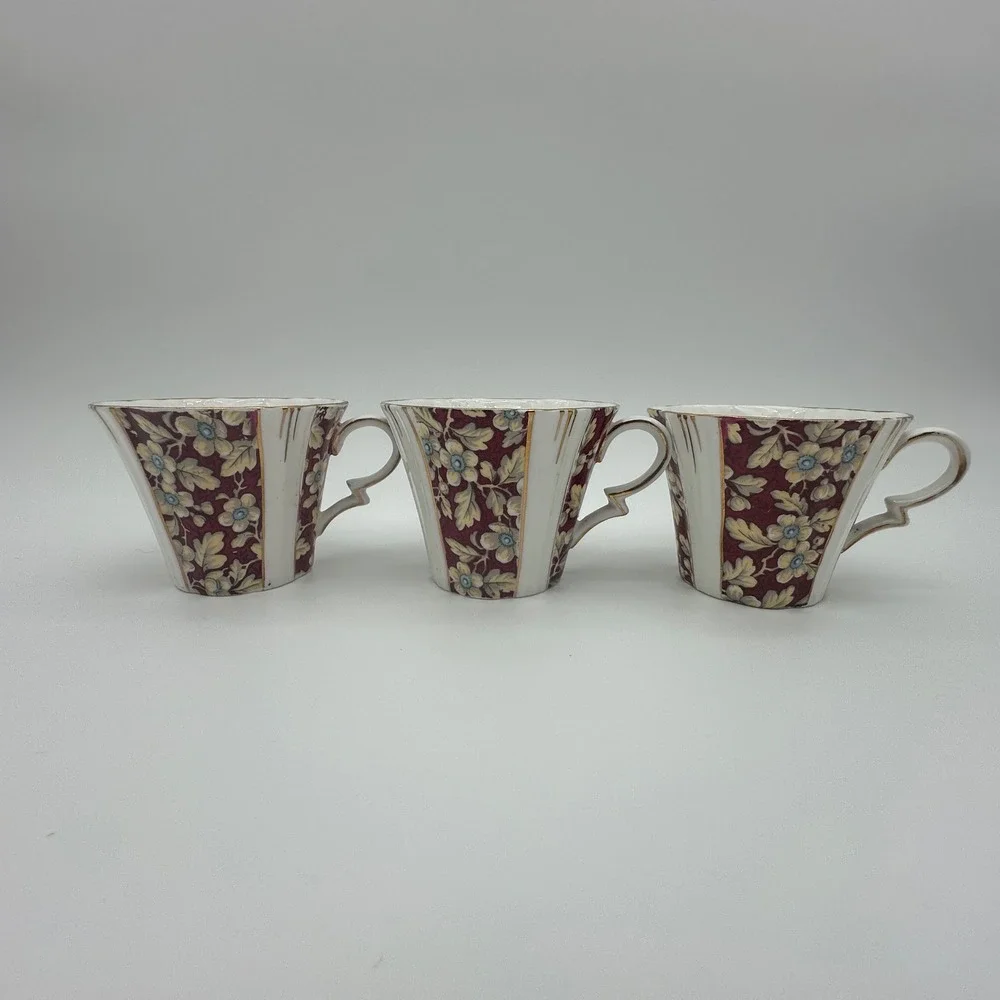 Royal Albert Brocade Art Deco Panel Shape Teacups and Saucers Set of 3 Burgundy